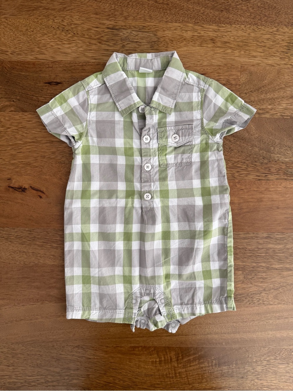Nordstrom Baby Green and Gray Plaid Button-Front Short Romper
